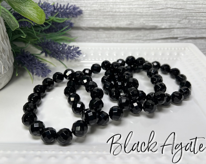 Black Agate Bracelet, Large Black Agate Bracelet, 12mm or 14mm Facet Beads