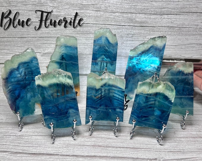 Blue Fluorite Slab, Small Fluorite Slab, Blue Fluorite Crystal Slab with Metal Stand
