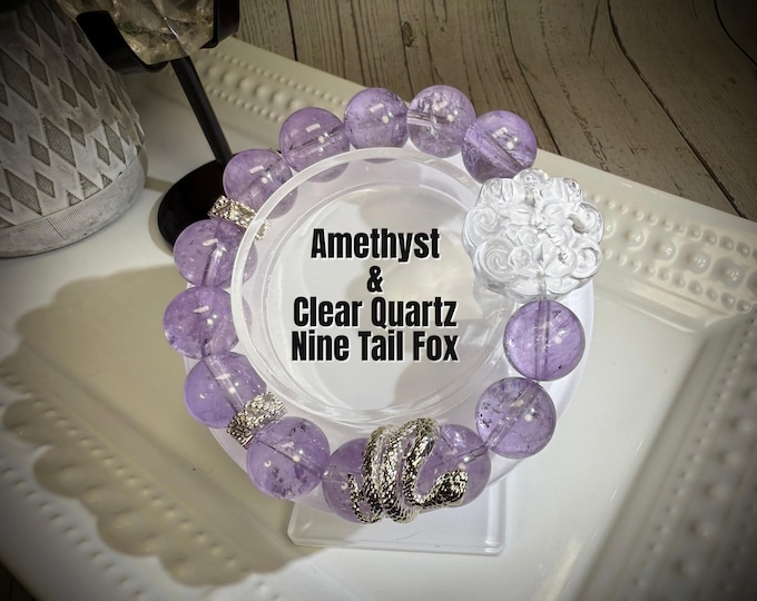Nine Tail Fox Crystal Bracelet, Clear Quartz Fox with Amethyst DIY Bracelet, White Copper Beads and Snake Charm (LLB21)