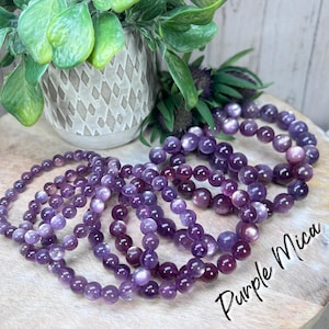 Purple Mica Bracelet, Gem Lepidolite Bracelet, 7-8mm, 8-9mm, 9-10mm, 11-12mm or 12-13mm Round Beads, Flashy Mica