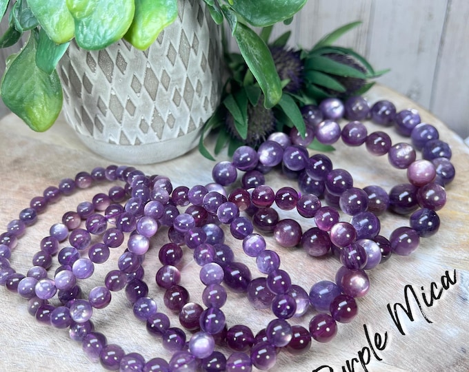 Purple Mica Bracelet, Gem Lepidolite Bracelet, 7-8mm, 8-9mm, 9-10mm, 11-12mm or 12-13mm Round Beads, Flashy Mica