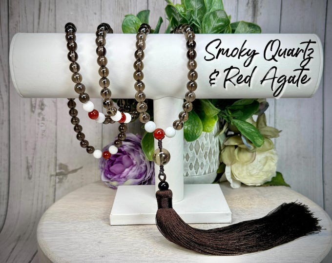 Smoky Quartz 108 Bead Mala Necklace, Red and White Agate Accent Beads, Meditation Beads, Prayer/Meditation Beads