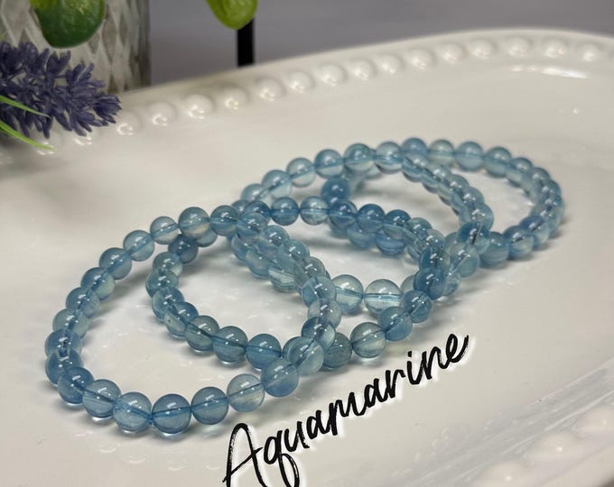 Aquamarine Crystal Bracelet, 7-8mm or 8-9mm Round Beads, Protective & Calming