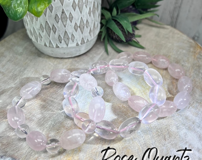 Rose Quartz Bracelet, Oval Beads Crystal Bracelet, Large Beads Rose Quartz Bracelet