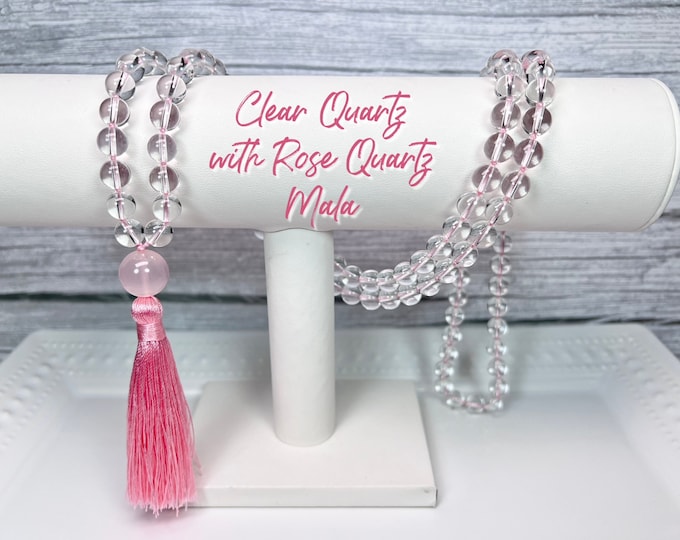 High Quality Clear Quartz 108 Bead Mala Necklace with Rose Quartz Guru Bead, Meditation Beads, Pink Tassel, Prayer/Meditation Beads