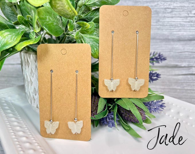 Jade Butterfly Dangle Earrings, White Jade Butterfly Earrings, Crystal Butterfly Earrings, 925 Silver