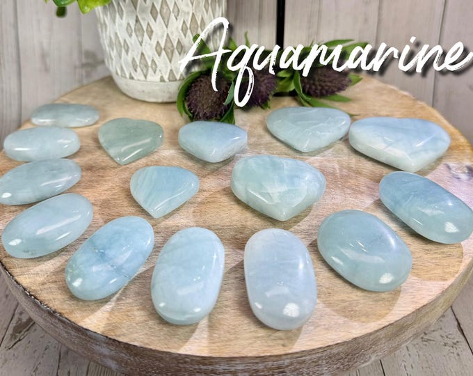 Aquamarine Palm Stone, Small Aquamarine Palm Stone, Aquamarine Heart, Aquamarine Crystal Carving (Set3)