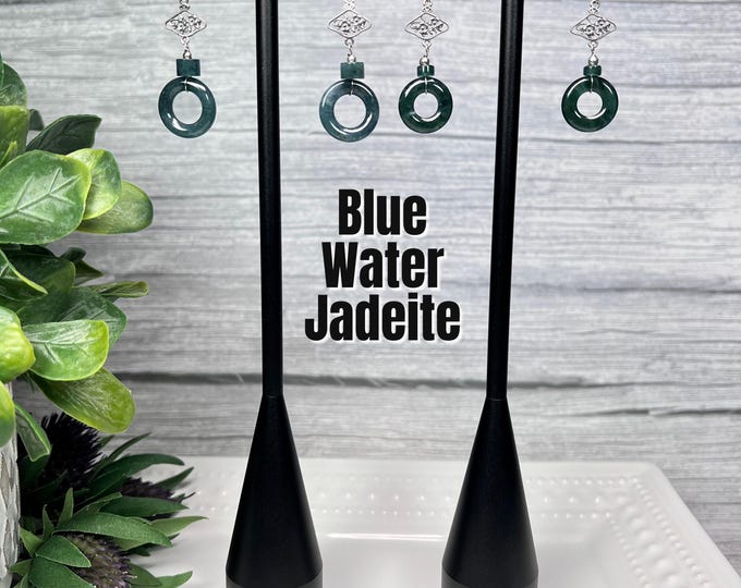 Beautiful Blue Water Jadeite Dangle Earrings, Blue Water Jade with Ornate 925 Silver Earring Setting