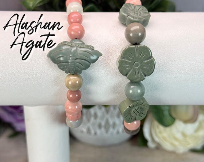 Beautiful Alashan Agate Butterfly or Flower Bracelet, 8-9mm Round Beads, Calming and Grounding, Positive Energy
