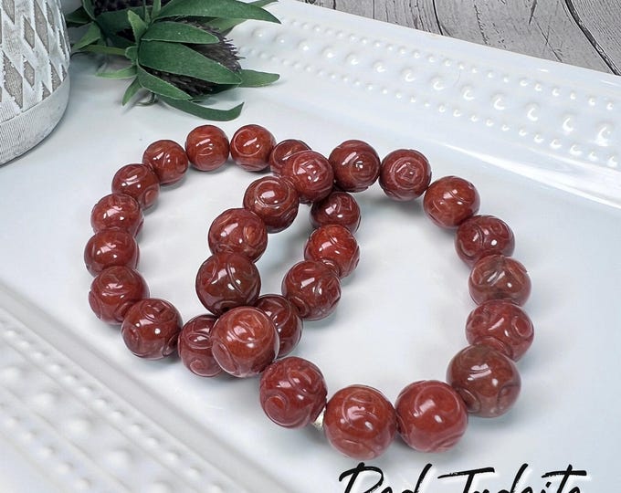 Red Jadeite Bracelet, Red Jadeite Carved Bead Bracelet, 13mm Round Beads - Inspire Energy, Motivation, and Enthusiasm
