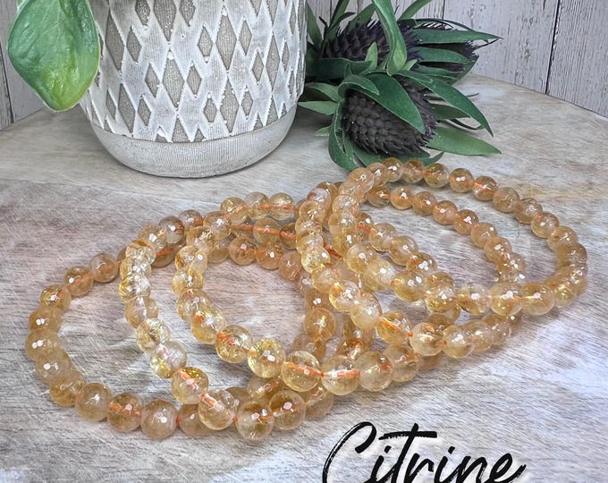 Natural Citrine Bracelet, Citrine Crystal Bracelet, 7-8mm Round Faceted Beads