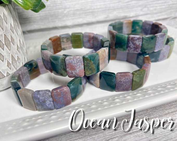 Colorful Ocean Jasper with Moss Agate Bracelet, Ocean Jasper Crystal Soft Bangle Bracelet, Moss Agate Crystal, Rectangle Beads