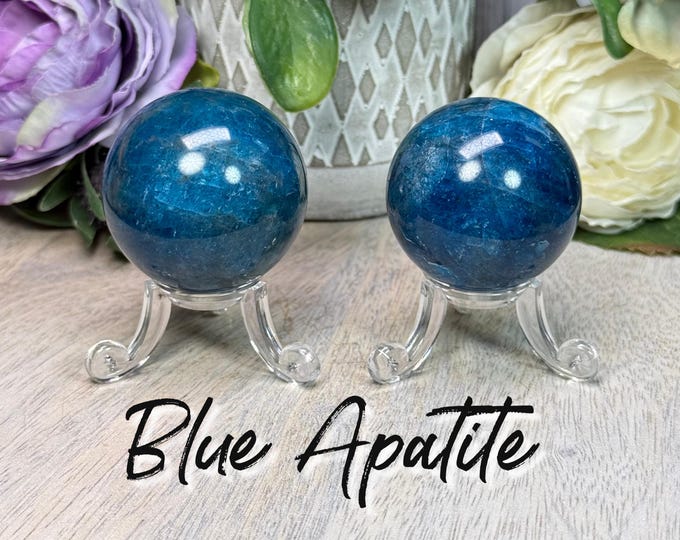 Small Blue Apatite Crystal Sphere, Blue Apatite Crystal - Acrylic Stand Included