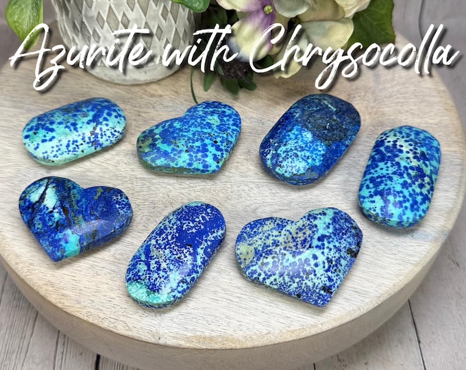 Beautiful Azurite in Chrysocolla Palm Stone or Heart Carving, Chrysocolla with Azurite Flowers