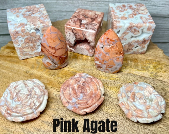 Druzy Pink Agate, Pink Agate Flower, Pink Agate Flame, Pink Agate Cube