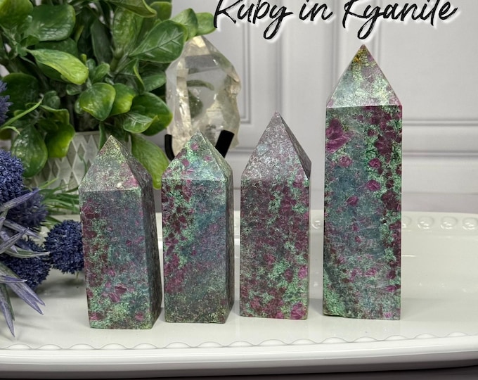 Ruby Kyanite Tower, Ruby in Kyanite Point, UV Reactive Crystal