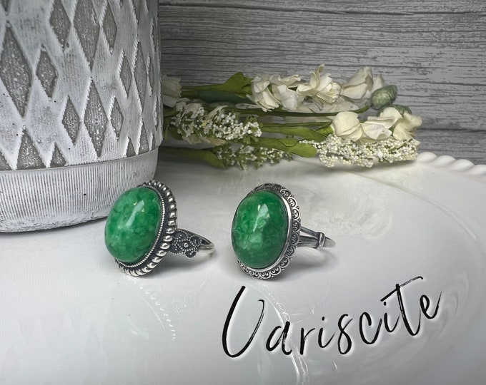 Variscite Ring, Variscite Crystal, Green Variscite, Adjustable 925 Silver Ring Setting