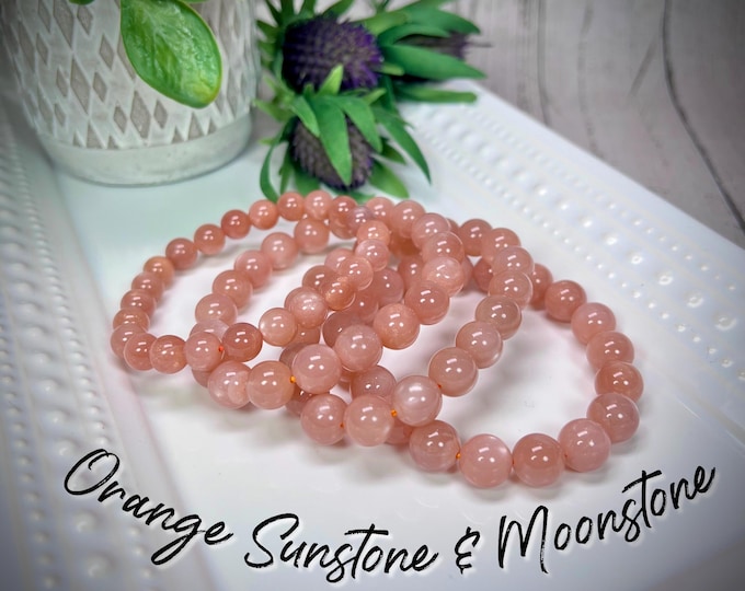Orange Moonstone with Sunstone Bracelet, Moonstone and Sunstone Crystal Bracelet, Round Beads, 8-9mm or 10-11mm Round Beads (2)