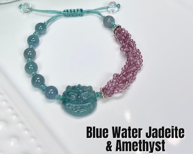 Blue Water Jadeite and Amethyst Dragon Bracelet, Adjustable Cord Bracelet with Blue Water Jadeite Dragon Head Bead