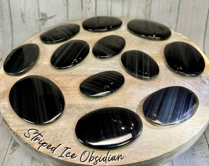 Striped Ice Obsidian Palm Stone, Black Lace Obsidian Palm Stone, Flat Crystal Palm Stone