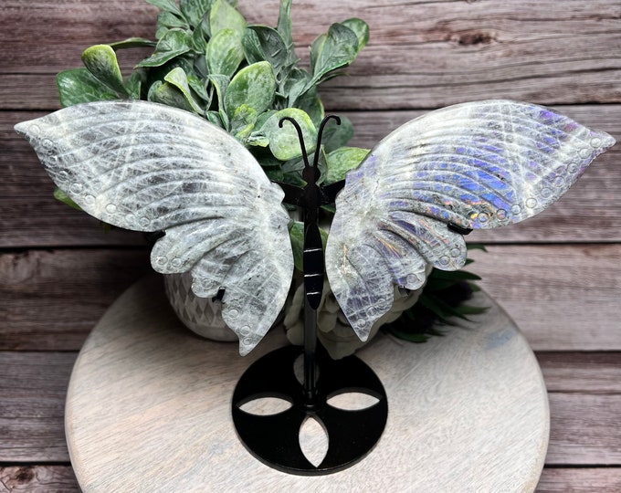 Purple Labradorite Butterfly Wings, Labradorite Butterfly Wings, Purple Flash Labradorite, Custom Metal Stand