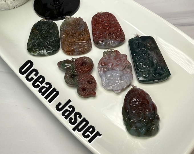 Ocean Jasper Pendant, Unique Carvings, OJ Crystal Pendant, s925 Silver Clasp, Stone of Joy