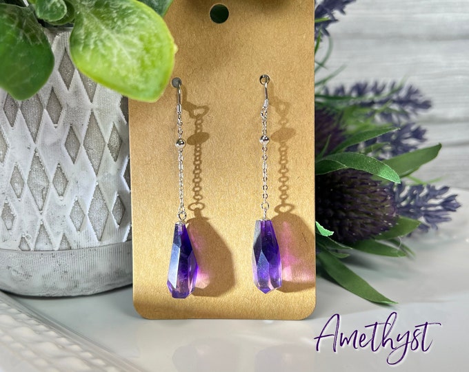 Amethyst Freeform Dangle Earrings, Amethyst Earrings, Amethyst Crystal Drop Earrings, 925 Silver