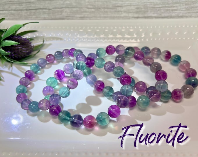 Colorful Fluorite Bracelet, Purple-Pink-Blue Fluorite Bracelet, Round Beads, 9-10mm or 10-11mm Beads
