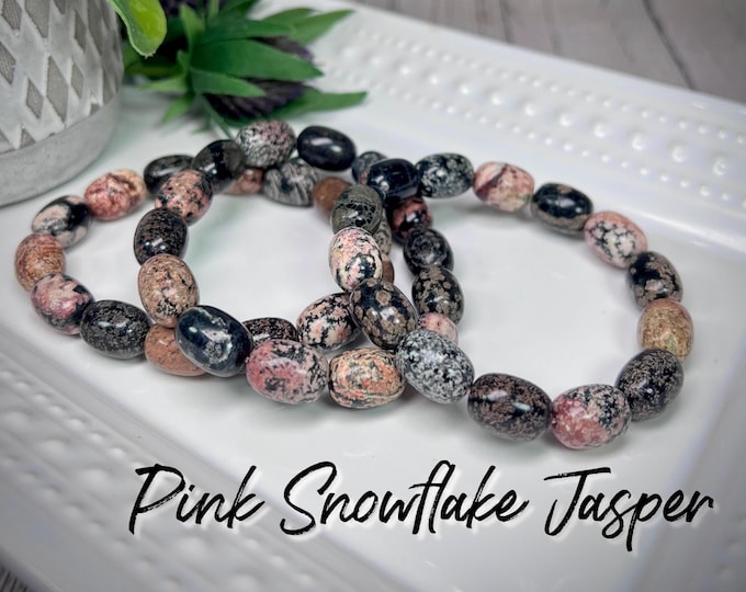 Pink Snowflake Jasper Bracelet, Mexican Red Snowflake Jasper Bracelet, 10mm Barrel Beads