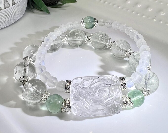 Clear Quartz Crystal Flower DIY Double Strand Bracelet, 12mm Rainbow Green Quartz, 8-9mm Green Fluorite, 5-6mm Blue Moonstone (LLB11)