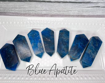 May include: Seven blue apatite crystal points arranged in a semi-circle on a white plate. The points are all roughly the same size and shape, and they have a smooth, polished finish. The text "Blue Apatite" is written in cursive below the points.