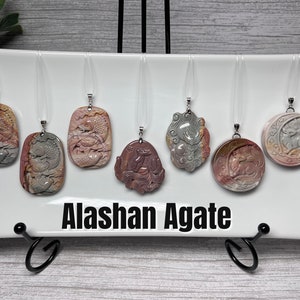 Alashan Agate Pendant, Alxa Agate, Oil Painting Alashan Agate, Carving Pendant, Double Fish , Nine-Tailed Fox, 925 Silver Clasp
