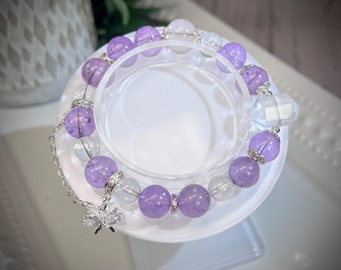 Star Rose Quartz with Amethyst and Clear Quartz DT DIY Bracelet, White Copper Accent Beads and Rhinestone Bow Chain Charm (LLB7)