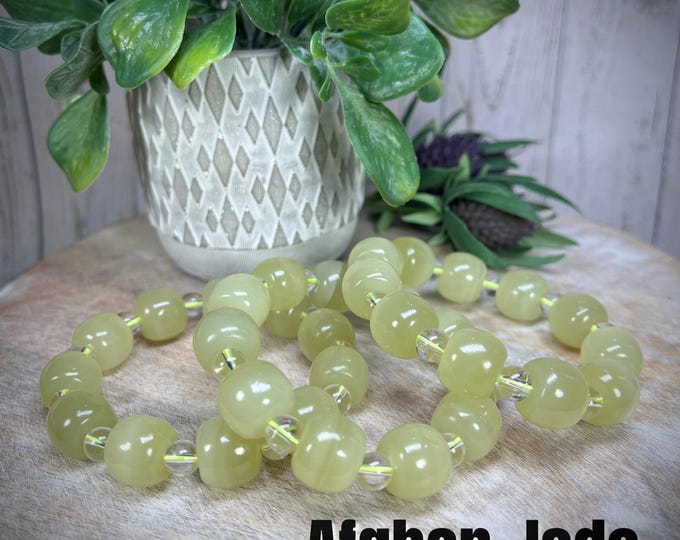 Afghan Jade Bracelet, Afghan Jade and Clear Quartz Crystal, Large Bead Crystal Bracelet, Calming and Protective Crystal