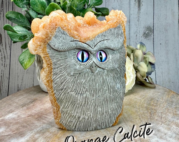 Orange Calcite Specimen Owl Carving, Owl Carving Orange Calcite, Orange Calcite Specimen, Crystal Owl Carving