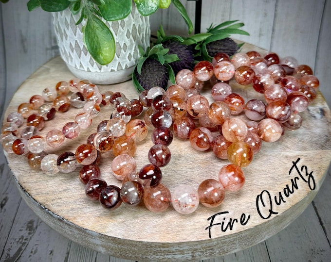 Fire Quartz Crystal Bracelet, Rainbow Inclusions, 11-12mm or 12-13mm or 15-16mm Large Round Beads, The Stone of Control