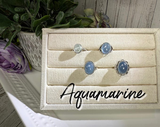 Aquamarine Ring, Aquamarine Crystal Ring, 925 Silver Adjustable Band, Protective - Communication - Calming
