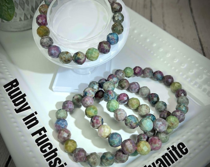 Ruby in Fuchsite and Kyanite Bracelet, Ruby Fuchsite & Kyanite, 9-10mm Faceted Bead Bracelet, UV Reactive Crystal Bracelet (2)