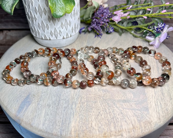 Garden Quartz Bracelet, Inclusion Quartz, Lodolite, Round Beads, 8-9mm, 9-10mm, Crystal Bracelet