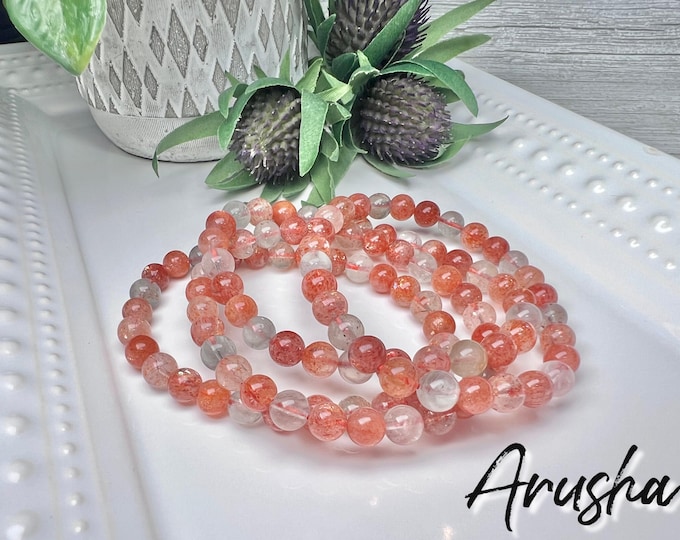 Arusha Sunstone Bracelet, Arusha Sunstone, Green Beryl, 6-7mm Round Bead Bracelet, Stretchy Bracelet, Rainbow Confetti Sparkles
