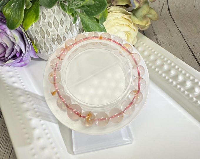 Clear Sericite Quartz Bracelet, Orange and Pink Snowflake Garden Quartz Bracelet, 10mm Round Bead
