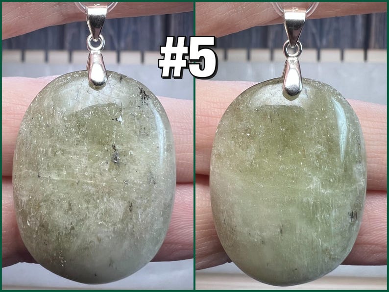 Green Kunzite Pendant, Kunzite Crystal Pendant, Cat Eye Kunzite, 925 Silver Clasp Pendant #5