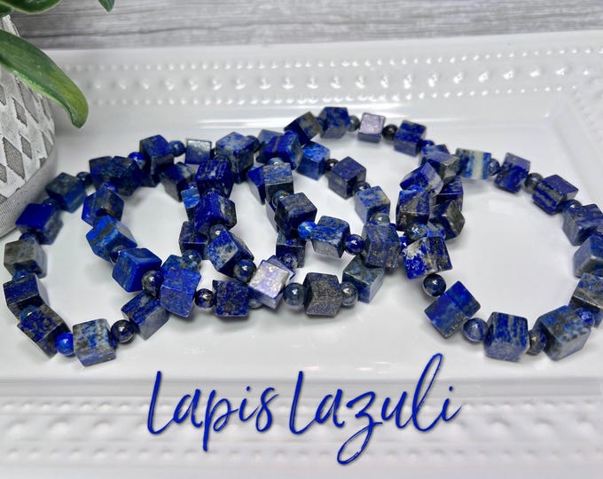 Lapis Lazuli Bracelet, Lapis Lazuli Cube Bracelet, 8-9mm Cube Beads, 6mm Round Beads, Blue Crystal Bracelet, Pyrite Inclusions