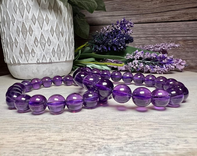 Amethyst Bracelet, 9-10mm, Round Bead, Clear Purple Amethyst Quartz Crystal Bracelet, Amethyst Gemstone Bracelet, Healing Crystals