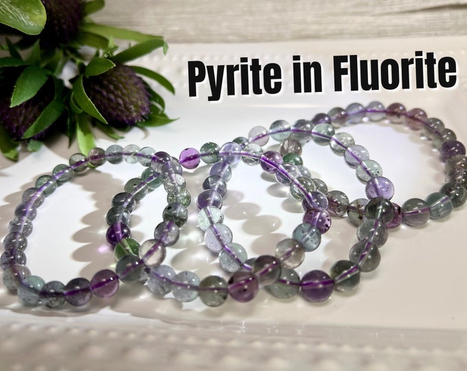 Pyrite in Fluorite Bracelet, Fluorite with Pyrite Inclusions, Fluorite Crystal Bracelet, 7-8mm Round Beads