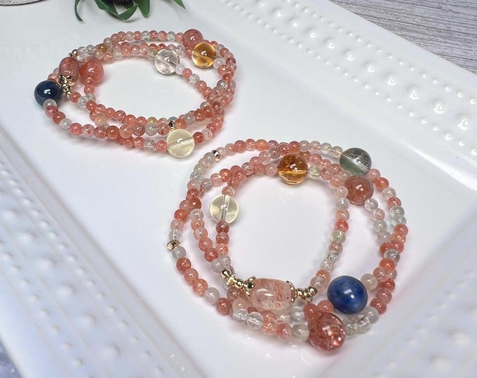 Arusha Sunstone Wrap Bracelet with Kyanite & Citrine, Confetti Golden Sunstone and Beryl, Cat Eye Kyanite