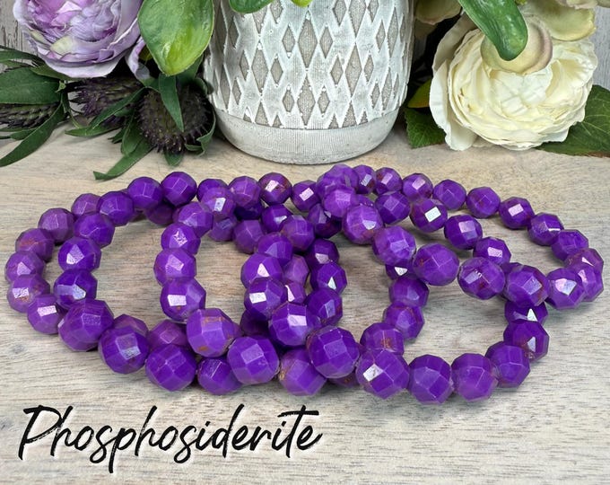 Phosphosiderite Bracelet, 10mm Facet Bead Bracelet, Purple Crystal, Spiritual Growth - Emotional Healing, and Divine Love