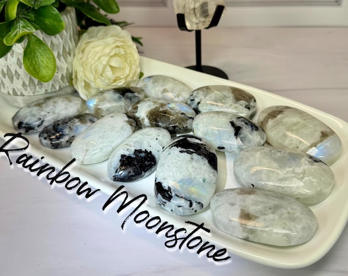 Rainbow Moonstone Palm Stone, Rainbow Moonstone Heart, Crystal Palm Stone (Set2)