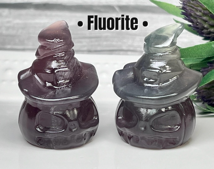 Fluorite Halloween Carving, Small Fluorite Pumpkin with Hat, Crystal Pumpkin Carving