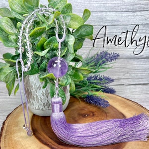 Amethyst and Clear Quartz Hand Mala, Hand Tied, Amethyst Pocket Mala, Amethyst Travel Mala,  Prayer/Meditation Beads